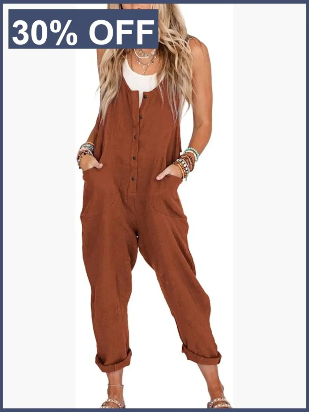 Linen Cotton Overalls Women Loose Casual Jumpsuit with Pockets